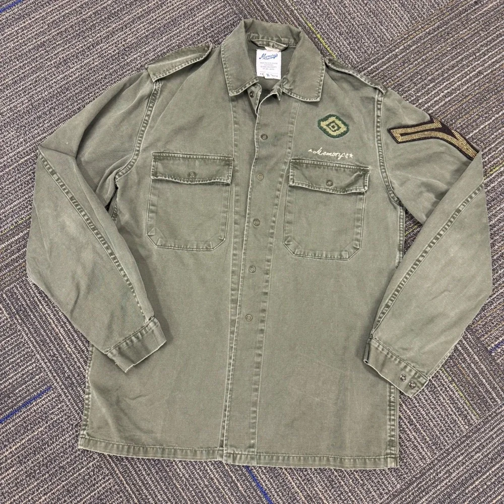 Memory's Ltd Military Shirt Jacket Mens Medium‎ Olive Green EUC Patches Italy